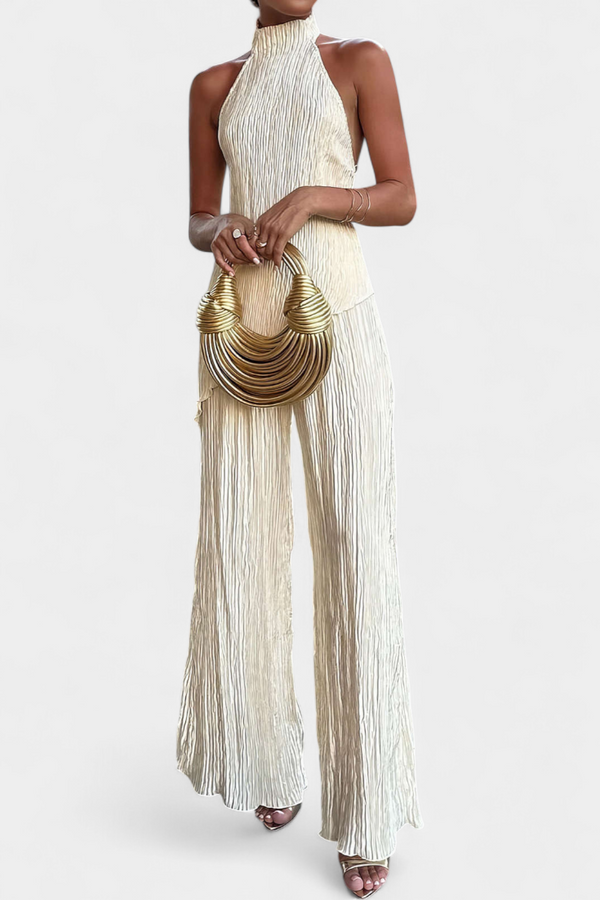 Ensemble Pilarica Plissé avec Top Asymétrique Halter et Pantalon Fluide