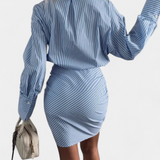 Cynthia Robe Chemise Mini à Rayures avec Plis et Boutons