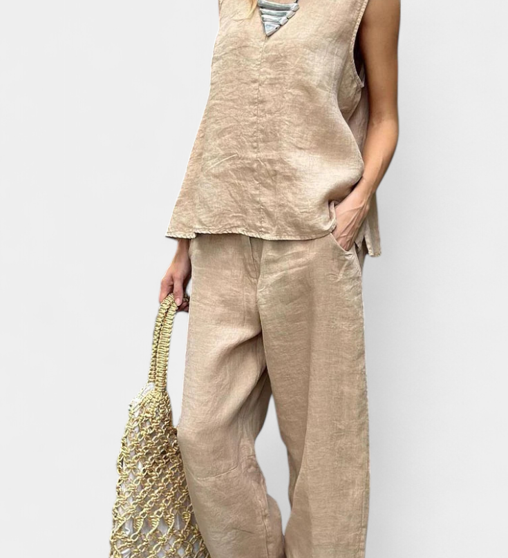 Leona Ensemble de Gilet et Pantalon Sans Manches en Coton Lin