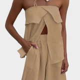 Oriana Ensemble Sans Bretelles avec Jupe à Fente en Couleur Unie