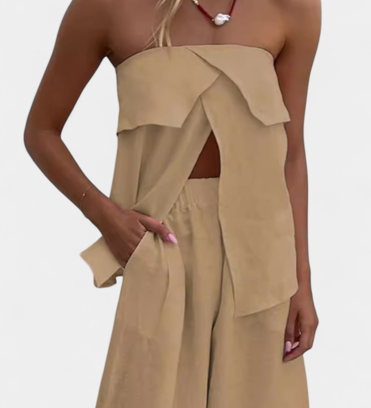 Oriana Ensemble Sans Bretelles avec Jupe à Fente en Couleur Unie