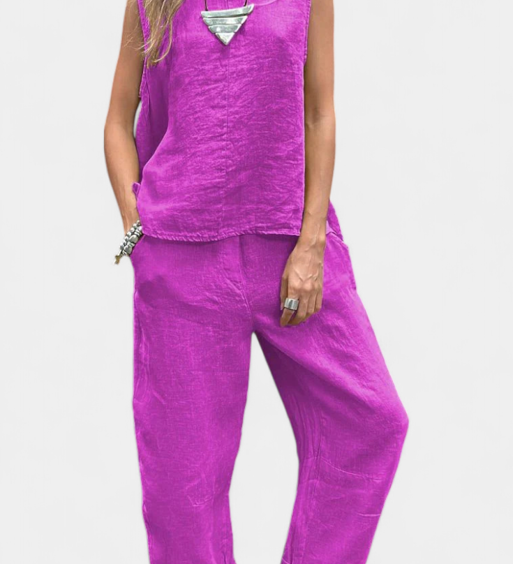 Leona Ensemble de Gilet et Pantalon Sans Manches en Coton Lin