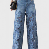 Pantalon Palazzo en Denim avec Broderie Florale Jasiel