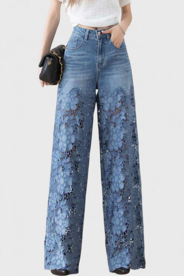 Pantalon Palazzo en Denim avec Broderie Florale Jasiel
