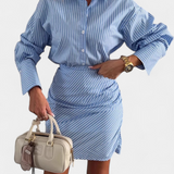 Cynthia Robe Chemise Mini à Rayures avec Plis et Boutons