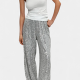 Elva Pantalons à Paillettes Taille Haute et Coupe Ample