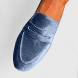 Mocassins Llnica en Velours Bleu avec Détail Patchwork et Bout Rond