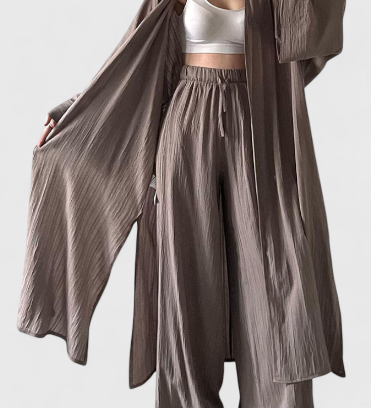 Ensemble Décontracté Suella en Deux Pièces avec Cardigan Long et Fente Latérale