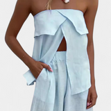 Oriana Ensemble Sans Bretelles avec Jupe à Fente en Couleur Unie