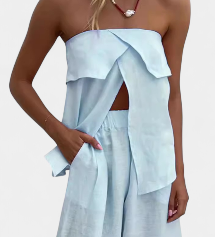 Oriana Ensemble Sans Bretelles avec Jupe à Fente en Couleur Unie