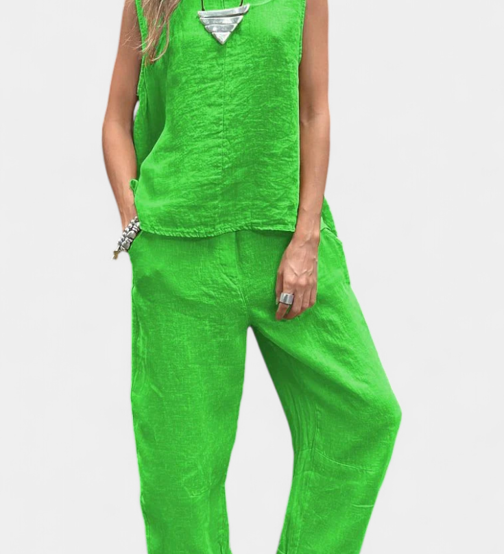Leona Ensemble de Gilet et Pantalon Sans Manches en Coton Lin
