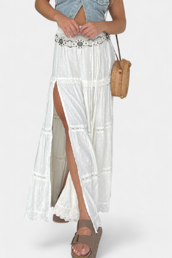 Jupe Maxi Boho Dola avec Dentelle et Fente Frontale