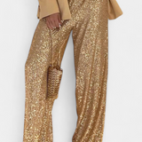 Elva Pantalons à Paillettes Taille Haute et Coupe Ample
