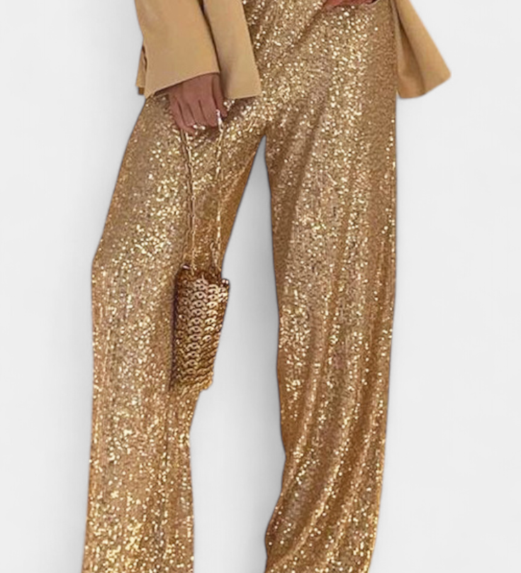 Elva Pantalons à Paillettes Taille Haute et Coupe Ample