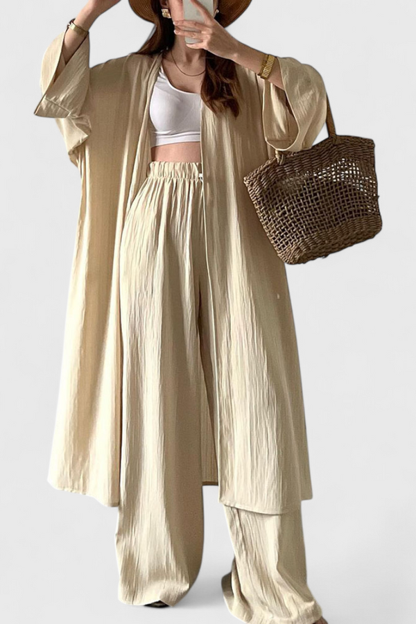 Ensemble Décontracté Suella en Deux Pièces avec Cardigan Long et Fente Latérale