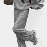 Elva Pantalons à Paillettes Taille Haute et Coupe Ample