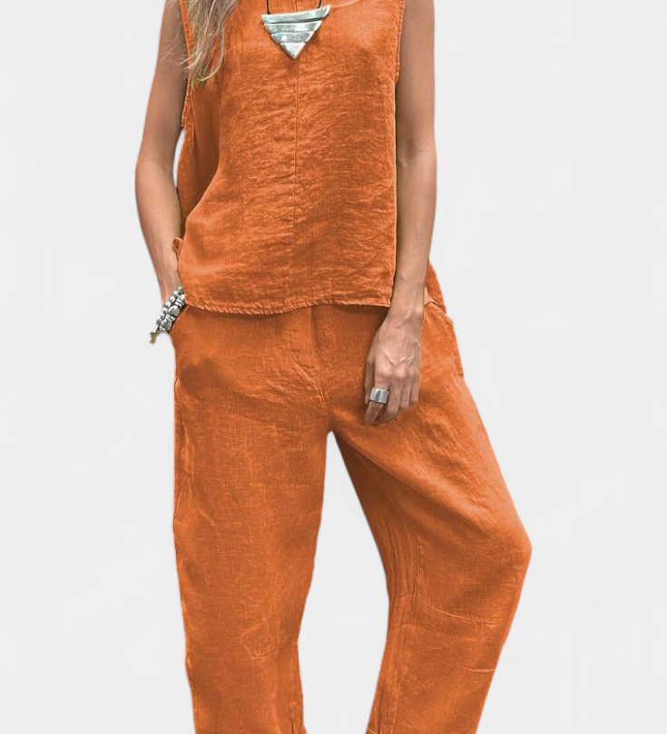 Leona Ensemble de Gilet et Pantalon Sans Manches en Coton Lin