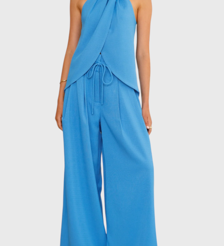 Ensemble Bernadina en Lin avec Top à Ouverture Frontal et Pantalon à Jambes Amples