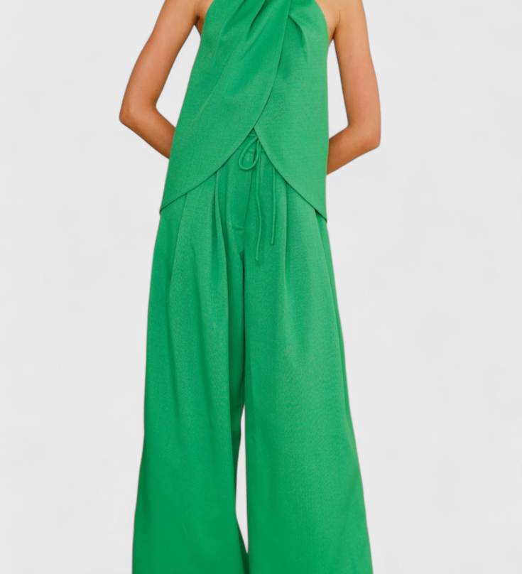 Ensemble Bernadina en Lin avec Top à Ouverture Frontal et Pantalon à Jambes Amples