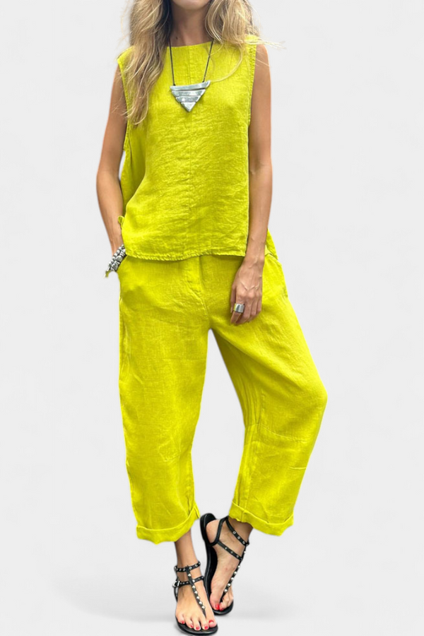 Leona Ensemble de Gilet et Pantalon Sans Manches en Coton Lin