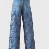 Pantalon Palazzo en Denim avec Broderie Florale Jasiel