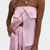 Oriana Ensemble Sans Bretelles avec Jupe à Fente en Couleur Unie