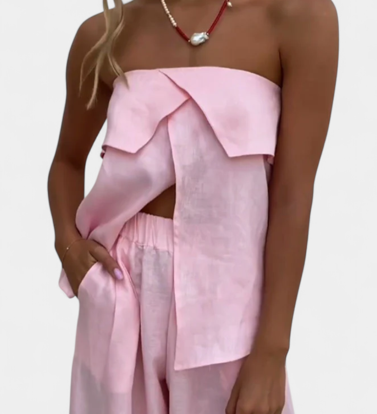 Oriana Ensemble Sans Bretelles avec Jupe à Fente en Couleur Unie