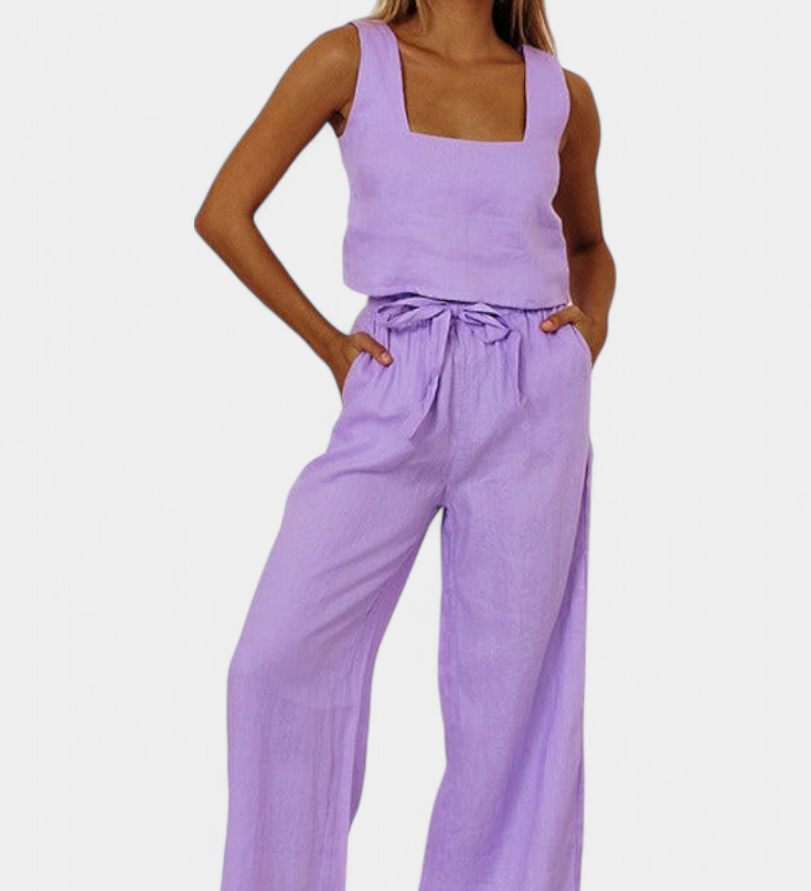 Pascuala Ensemble en Lin de Deux Pièces avec Haut Sans Manches et Pantalon Fluide