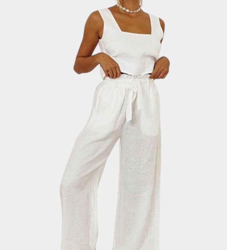 Pascuala Ensemble en Lin de Deux Pièces avec Haut Sans Manches et Pantalon Fluide