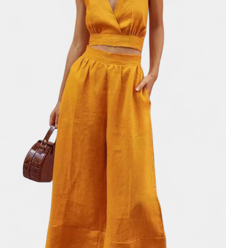 Valentina Ensemble de Gilet en Dentelle à Dos Nu et Pantalons Amples